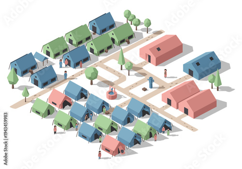 Isometric low-poly refugee camp with tents, houses, and people on a white background