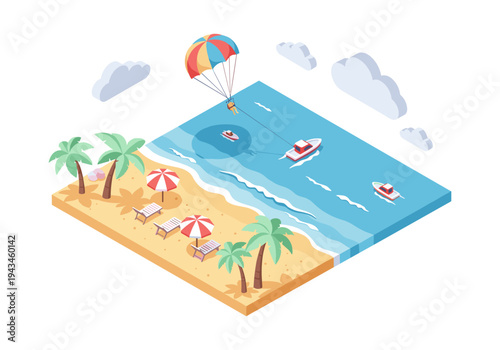 Isometric beach scene with parasailing, boats, palm trees, and lounge chairs