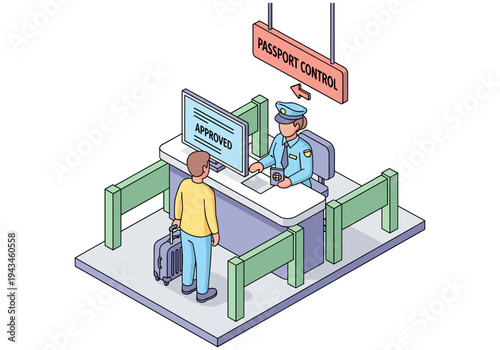 Man at passport control desk with approved status on screen and suitcase