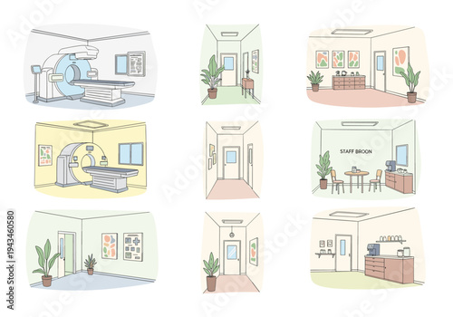 Collection of simple line drawings depicting various hospital rooms and corridors