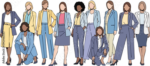 Diverse group of professional women standing together in stylish business attire