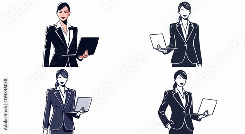 Professional businesswoman holding a portable computer in four different styles