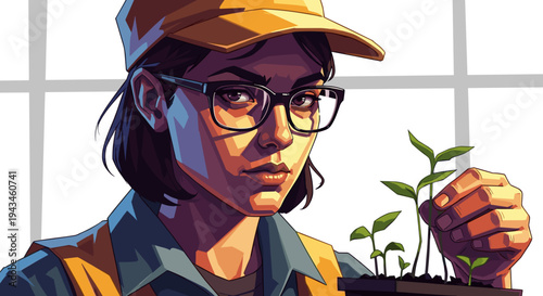 Young woman caring for seedlings in a greenhouse with natural light  