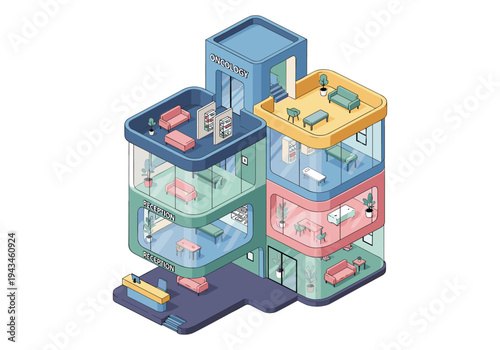 Modern isometric medical building with reception and oncology departments