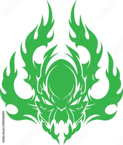 Green Tribal Flame Skull Illustration