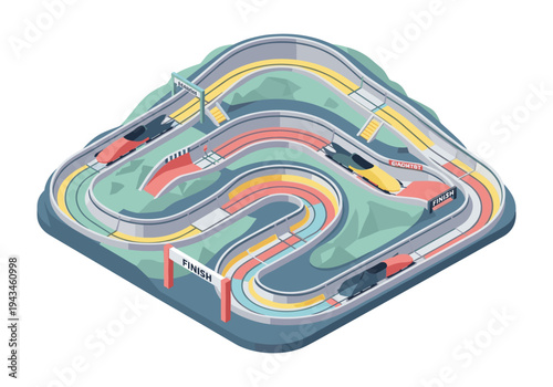 Isometric bobsled track with racing sleds in motion, showcasing curves and finish line