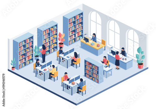 Isometric library interior with people studying and librarians assisting patrons at desks