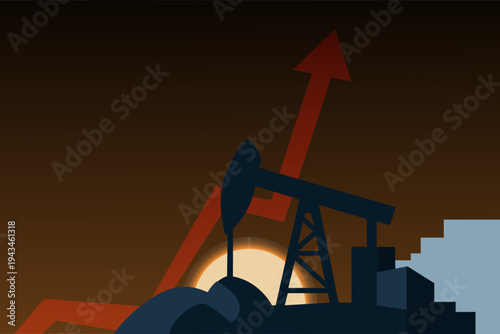 Vector silhouette of oil pump jack and rising red arrow graph at sunset background