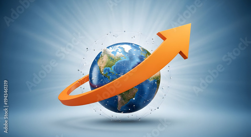 A vibrant orange arrow encircles a detailed globe, symbolizing global growth and progress.