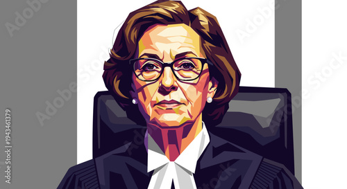 Female judge wearing glasses and court robe in courtroom setting  