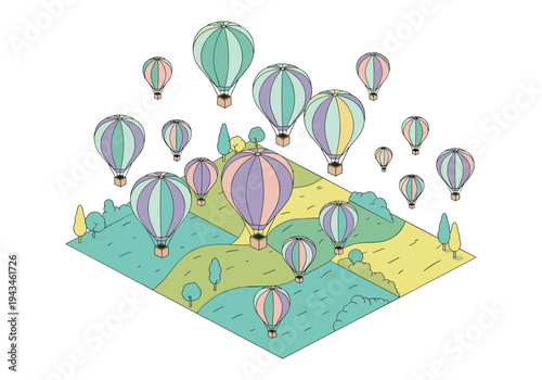 Many colorful hot air balloons floating over a stylized landscape with trees and fields