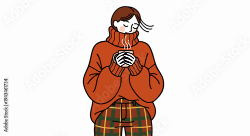 Cozy young woman enjoying a warm drink in a comfortable sweater graphic.