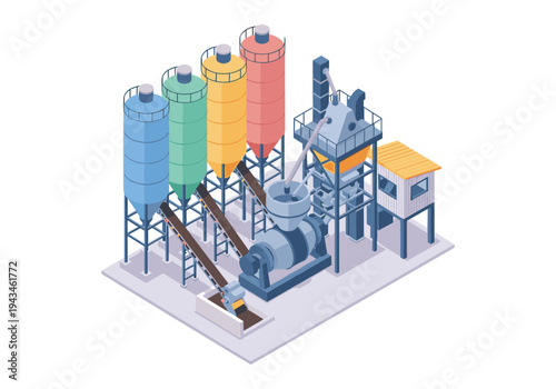 Isometric industrial plant with silos and machinery for material processing