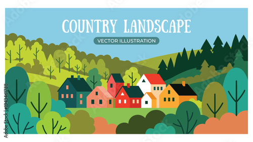 Rural village landscape with colorful houses and green forest background