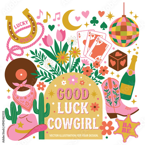 Good luck cowgirl vector collection with western aesthetic elements