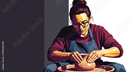 Woman shaping clay on pottery wheel in creative studio environment  