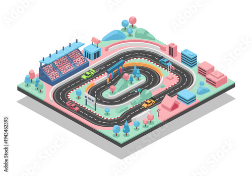 Isometric racing track with cars, grandstands, and stylized buildings in a vibrant landscape