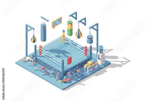 Isometric boxing gym with ring, punching bags, weights, and water cooler