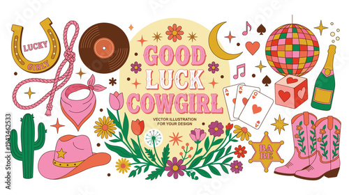 Retro western cowgirl vector set with country music and fashion icons