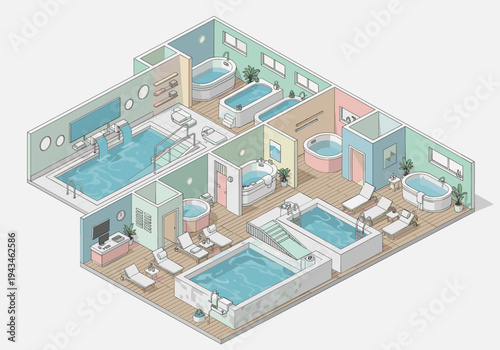 Isometric view of a modern spa and wellness center with multiple pools and relaxation areas