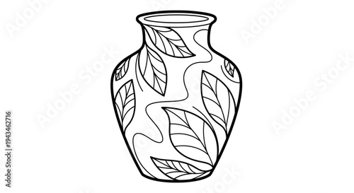 A black and white line drawing of a decorative vase adorned with leaf patterns and swirling lines.