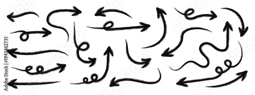 Brush, marker drawn bold arrows set. Various bold brush drawn curved arrows. Collection of hand drawn doodle thick arrows in different directions. grunge arrow brush. grunge arrow paint