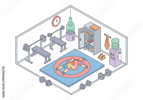 Isometric gym with wrestling mat, weightlifting equipment, and locker room