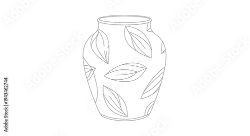 A simple line drawing of a decorative vase with a leaf pattern, presented on a white background.