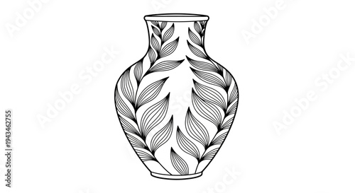 A black and white line art drawing of a decorative vase with an intricate leaf pattern.