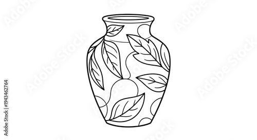 Black and white outline drawing of a decorative ceramic vase adorned with intricate leaf and vine patterns, suitable for coloring.