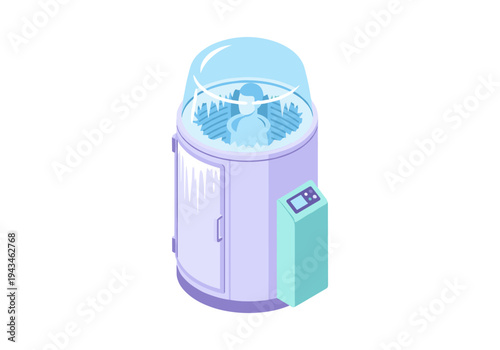 Cryotherapy chamber with person inside, representing cold therapy and wellness treatments