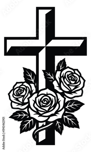 Bold silhouette illustration of cross with roses depicting memorial tribute for funeral and remembrance design