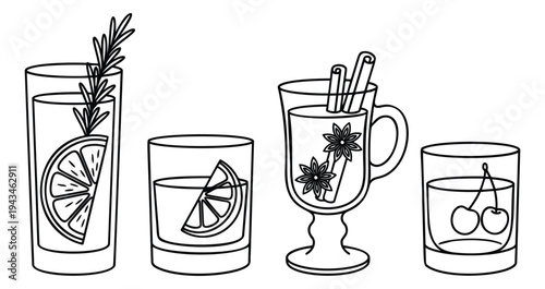 Line art icon set of 4 cocktail and beverage glasses featuring garnishes and decorative elements for bar and restaurant design