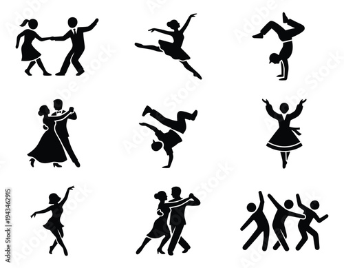 Silhouette icon set of 9 featuring dance styles and movement poses for performing arts design