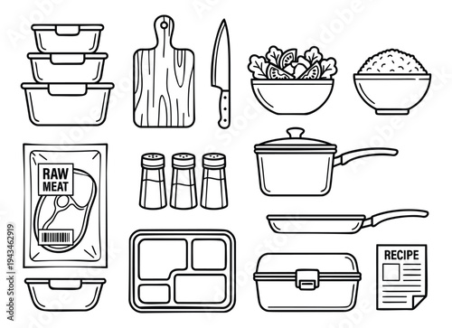 Outline icon set of 13 meal prep essentials featuring food storage containers, kitchen tools and ingredients for cooking design