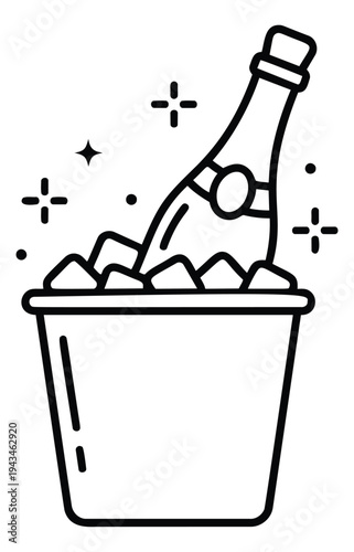 Outline illustration of champagne bottle in ice bucket depicting celebration with sparkling effects for party design