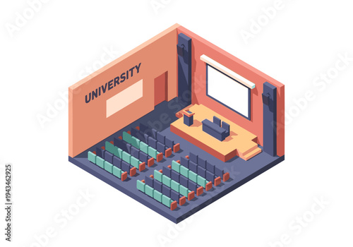 Isometric university lecture hall with stage, projector screen, and tiered seating