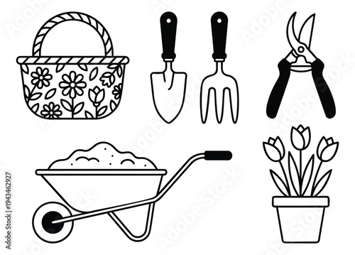 Outline icon set of 6 gardening tools featuring basket, trowel, fork, pruners, wheelbarrow and potted flowers for landscaping design