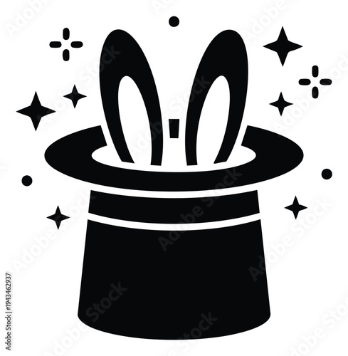 Silhouette illustration of magic hat with rabbit ears depicting classic trick for entertainment and performance design