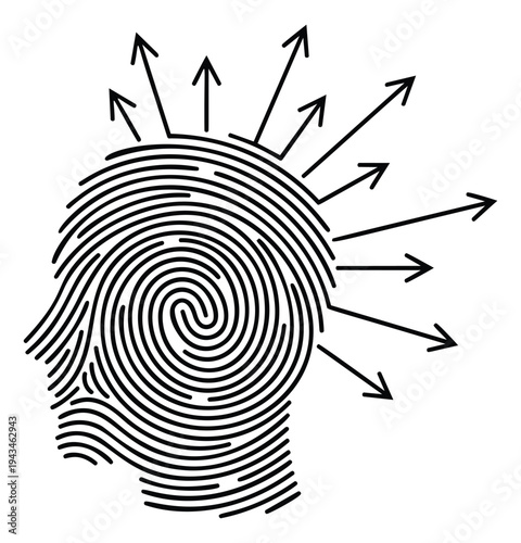 Engraving illustration of human head with fingerprint pattern depicting identity and outward influence for psychology and business design