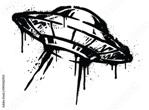Graffiti illustration of dripping UFO depicting flying saucer with spray paint effect for urban design