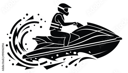 Bold silhouette illustration of jet ski rider depicting extreme water sport action for adventure and recreation design
