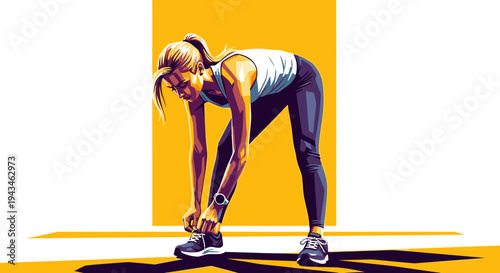 Athletic woman stretching and tying shoelaces in a bright environment  
