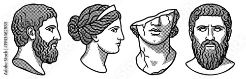 Engraving icon set of 4 classical Greek and Roman portrait busts featuring detailed heads for historical design