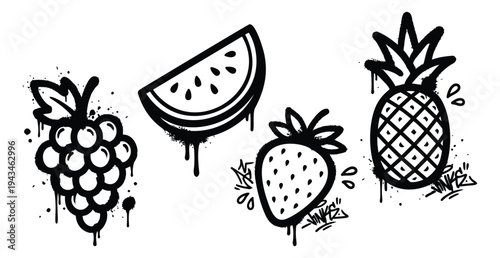 Graffiti style icon set of 4 fruits featuring dripping effect with grape, watermelon, strawberry and pineapple for urban design