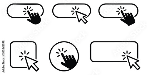 Outline icon set of 6 click action buttons featuring hand cursor and pointer interaction symbols for web interface design