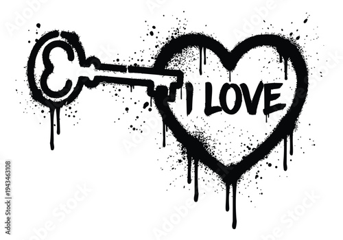 Graffiti illustration of key and heart depicting urban love concept for romantic and street art design