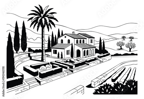 Line art illustration of Mediterranean villa with palm trees depicting luxury landscape for architecture and travel design