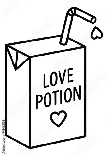 Outline illustration of love potion juice box depicting romantic drink with heart and straw for valentines day design