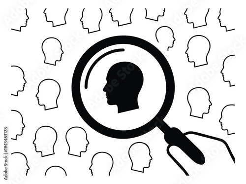 Outline illustration of magnifying glass over person profile depicting recruitment search and candidate selection for human resources design